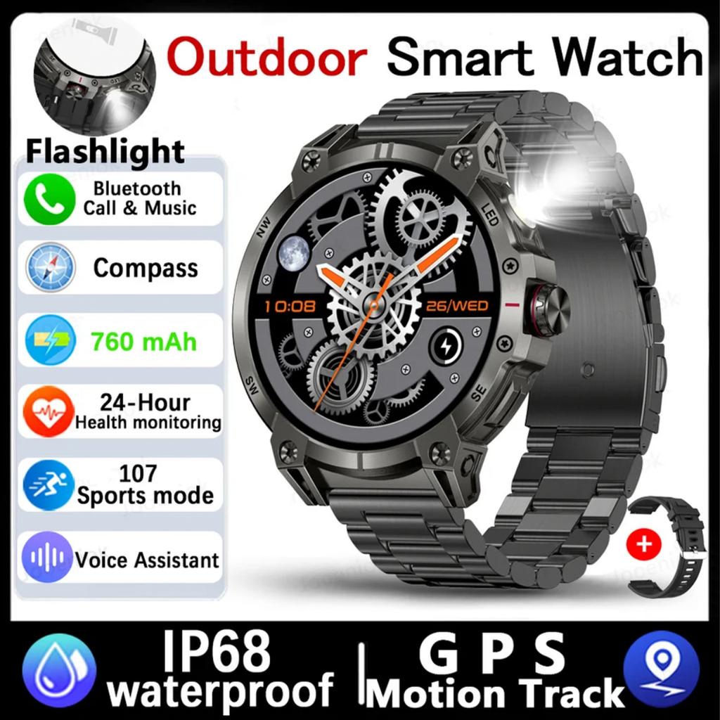 2025 New Outdoor Smart Watch Men 600mAh LED Flashlight SmartWatch Compass Bluetooth call Heart rate IP 68 Sports Smartwatch 5ATM