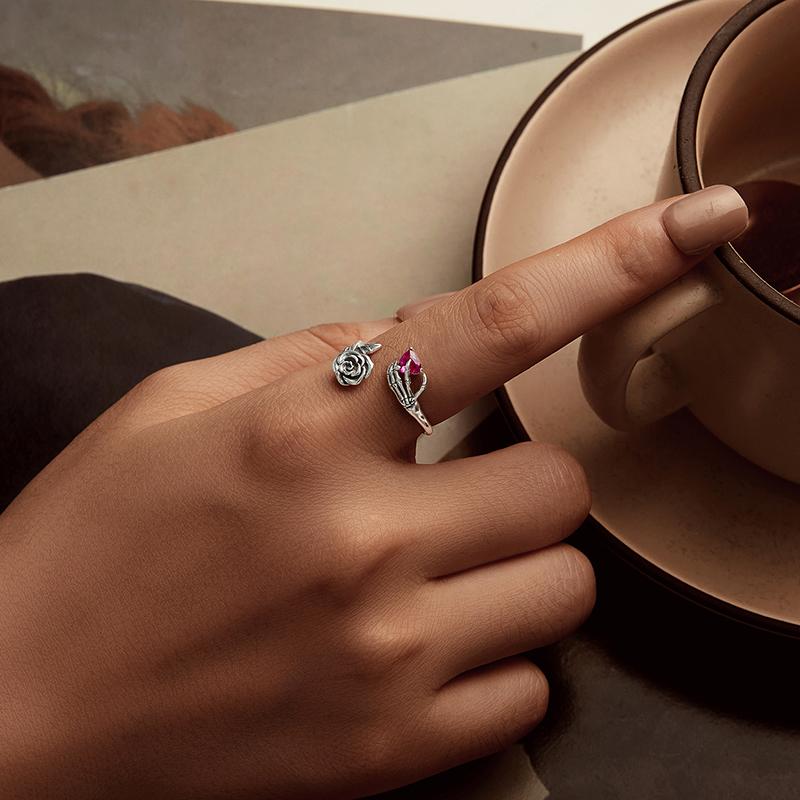 BAMOER 925 стерлингового серебра роза скелет рука открывающееся кольцо кубический цирконий винтажное кольцо окисленное серебро для женщин ювелирные изделия