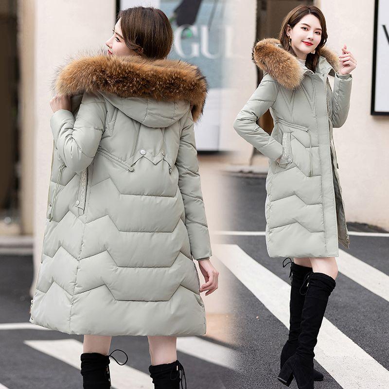 Пуховик женский средней длины и длинный новый приталенный с меховым воротником теплый пуховый утолщенный зимний