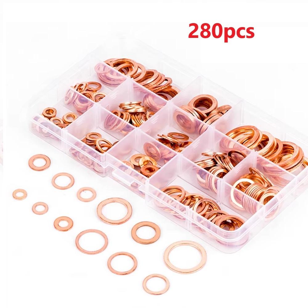 Медная шайба Плоское кольцо Уплотнительная прокладка Набор с разными размерами в пластиковой коробке для хранения