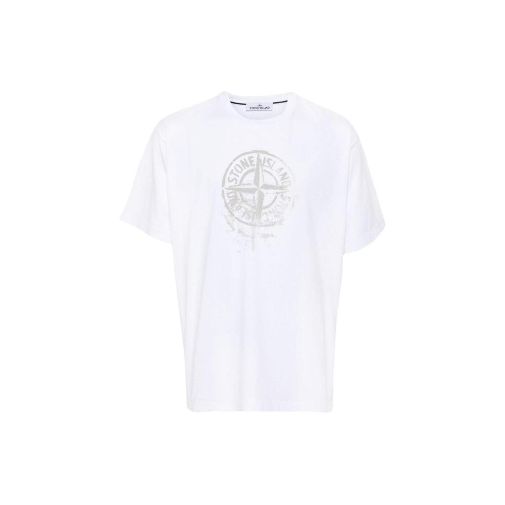 STONE ISLAND Мужская футболка с коротким рукавом, круглым вырезом, принтом логотипа компаса однотонного цвета, весна-лето 2024, белая 80152RC87-V0001