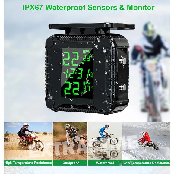 Extractme Tire Pressure Monitoring System Colorful Display Wireless TPMS Motorcycle Solar Charge Tyre Temperature Alarm Sensor