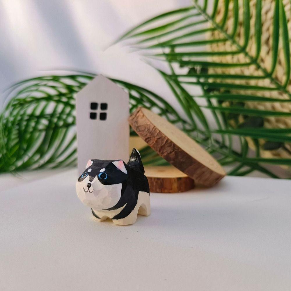 Mini Cat Dog Statues Painted Small Animal Dolls Desktop Accessories Wooden Animal Figurine Home