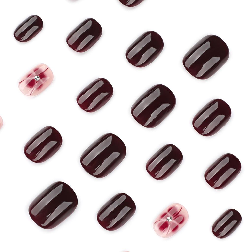 Короткие накладные ногти с цветами из винно-красных страз - Осенне-зимний дизайн