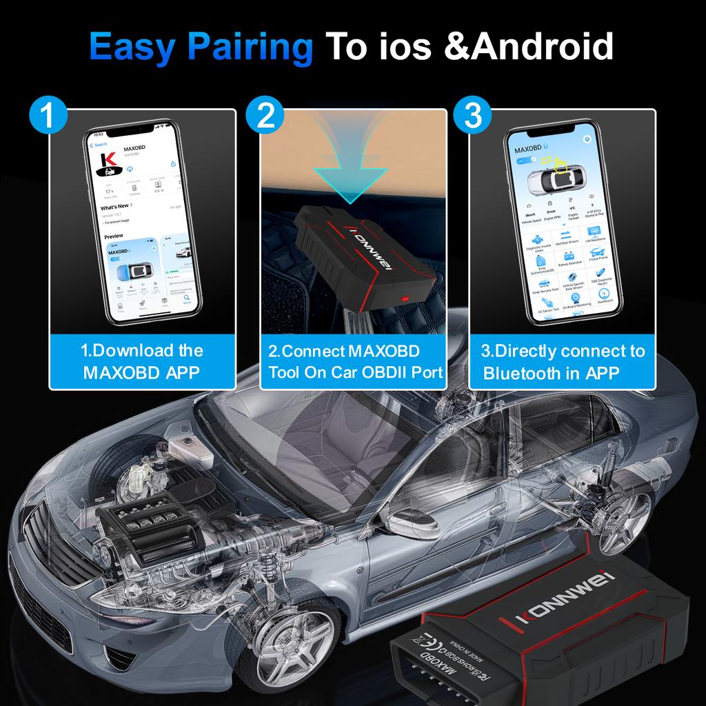 KONNWEI MAXOBD Полная система OBD2 Сканер Bluetooth 5.2 Автомобильный Диагностический Инструмент для Чтения Кодов Двигателя/Трансмиссии/ABS/Подушки Безопасности