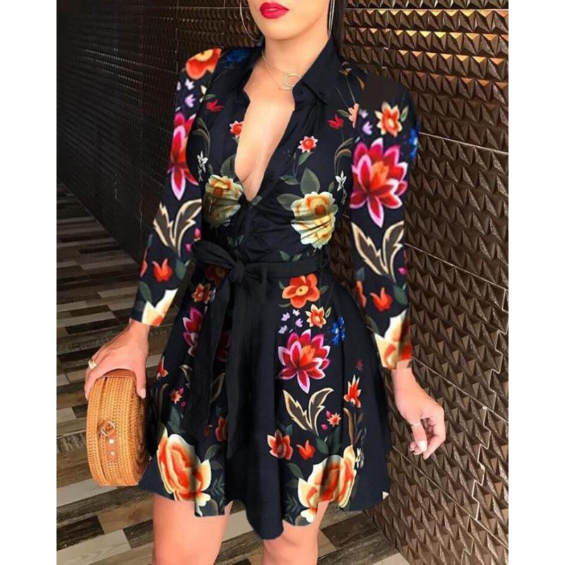 Danmo Women Printed Long Sleeve Dress Casual Bandage Mini A-line Dresses Sexy Party Feminias Vestidos Women Clothes