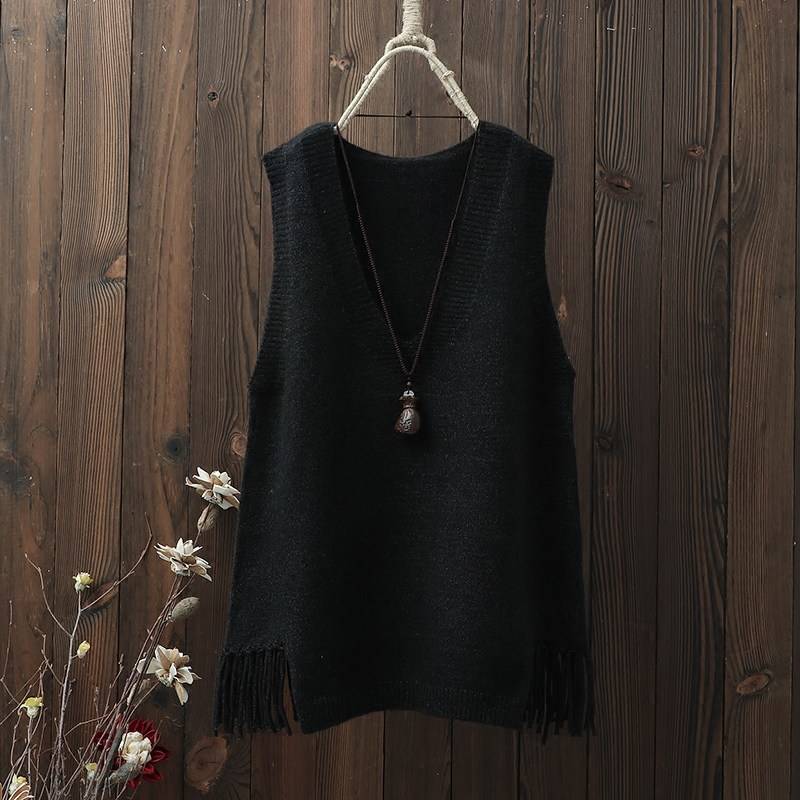 Sweater Vest Women Y2k Hem Fringed Crop Knit Vest Women Vintage Top Loose Pullover Jumper V-neck Solid Waistcoat Spring Autumn