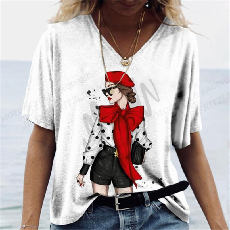 Harajuka абстрактные крутые футболки с принтом в стиле ретро, ​​женские универсальный пуловер с коротким рукавом, летние дизайнерские повседневные женские футболки с v-образным вырезом