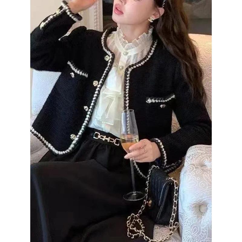 Осень-зима модные винтажные куртки женские корейские элегантные однобортные укороченные пальто твидовые с длинным рукавом повседневные короткие верхние одежды