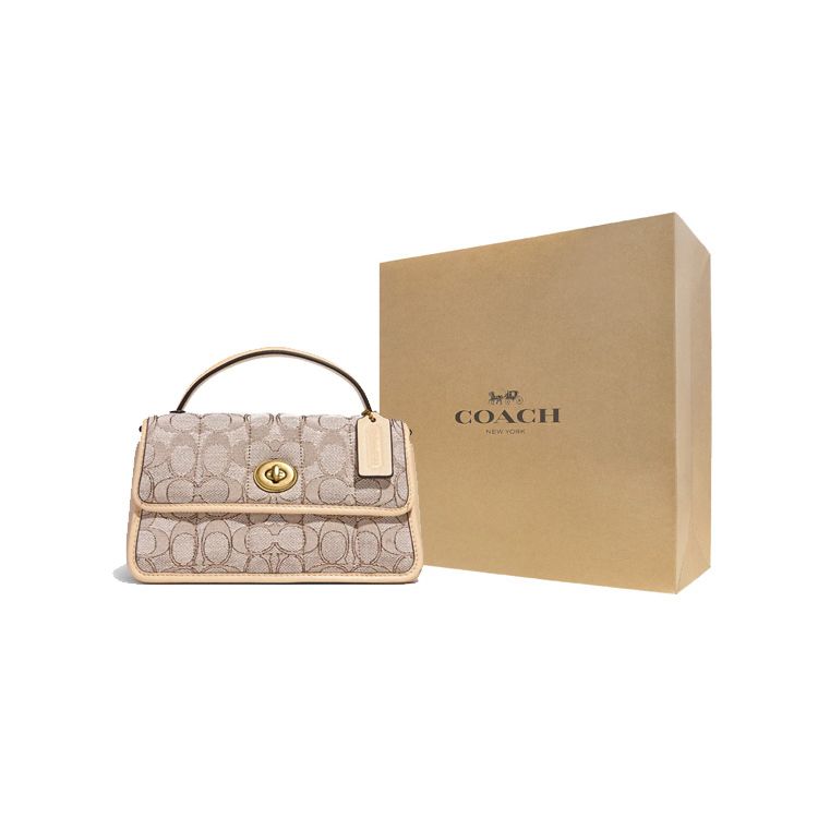Coach Сумка-тоут с поворотным замком 20, с верхней ручкой, модная, из хлопка и кожи, через плечо, маленькие женские сумки, лайм, слоновая кость C5279-B4SHG