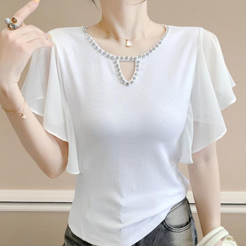 Summer Women's European T-Shirt Sexy O-Neck Hollow Out Hot Diamonds Design Tops Ladies Chic Short Sleeve Slim Tees