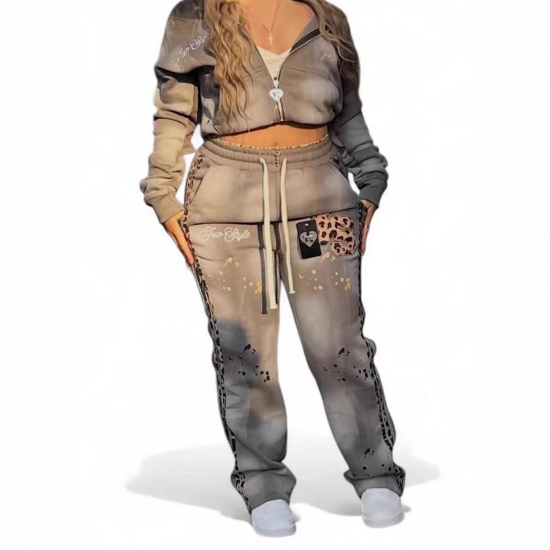 Streetwear Hoodie Pants Set Men Women Leopard Letter Zip Up Straight Leg