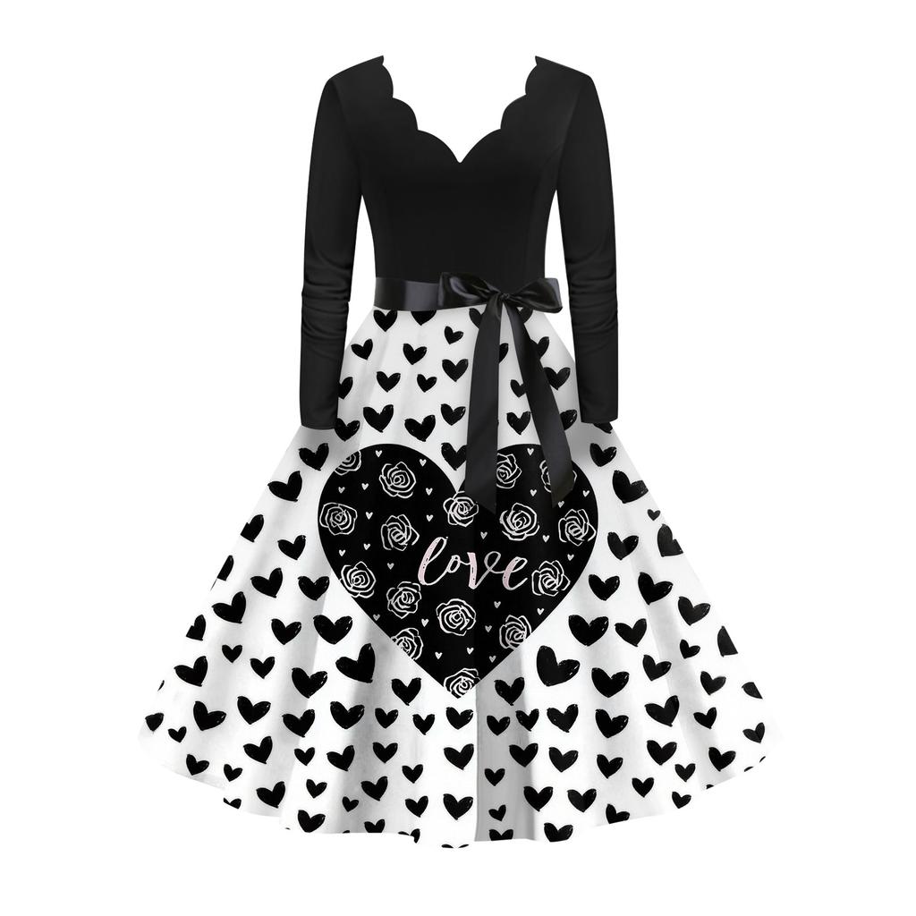 Стильное и элегантное женское платье с длинными рукавами и V-образным вырезом в форме сердца ко Дню святого Валентина