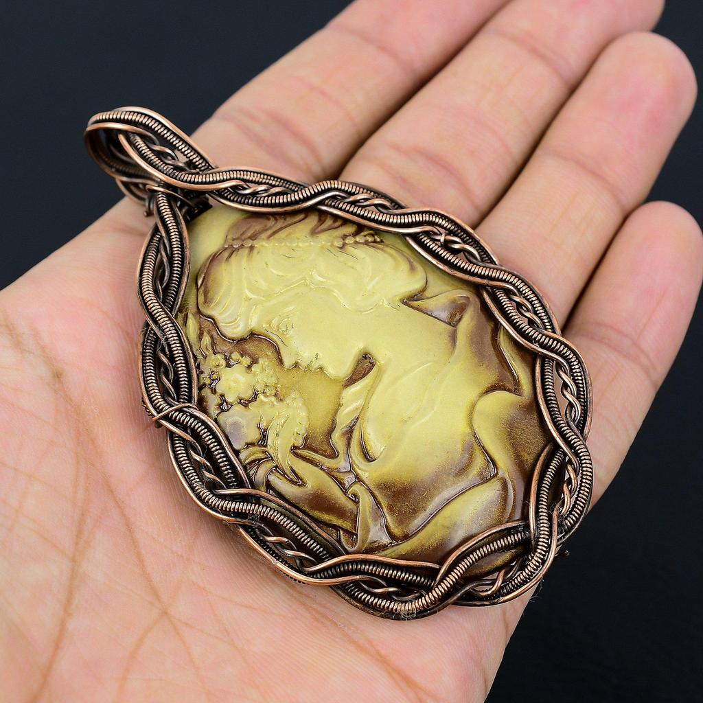 Cameo Lady Craved Face Gemstone Медная проволока Wrap Handmade Pendant Jewelry Gift