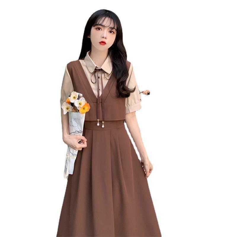 Женское ретро платье пэчворк мини на лето: Стиль колледжа, Короткий рукав, Большой размер, Свободный крой, Стройнящий эффект двух предметов