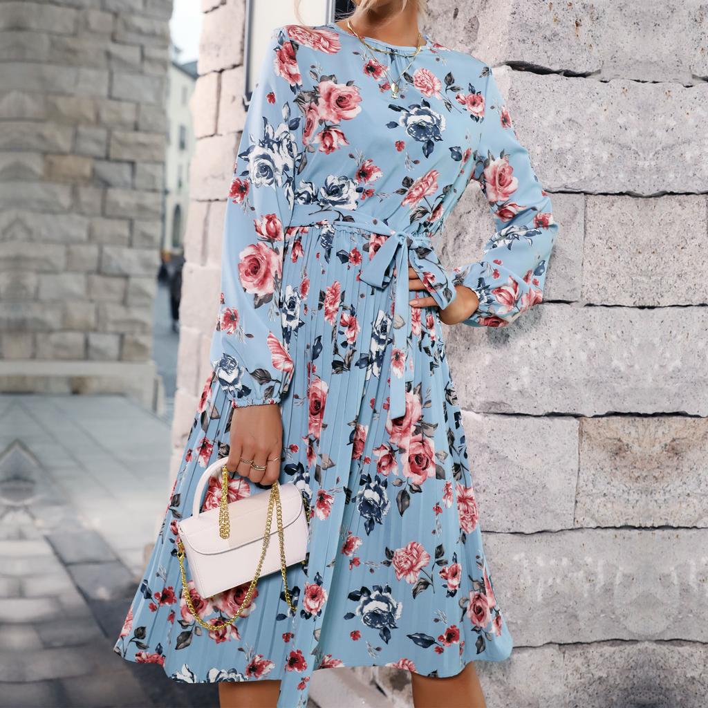 YYFS Women's Fashion Summer Spring Floral Print Long Sleeve O-Neck Casual Dresses