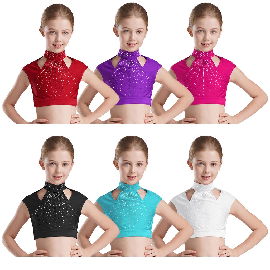 Girls Sleeveless Crop Top Shiny Rhinestones Cutout Design for Figure Skating Dance Gymnastics Performance Wear