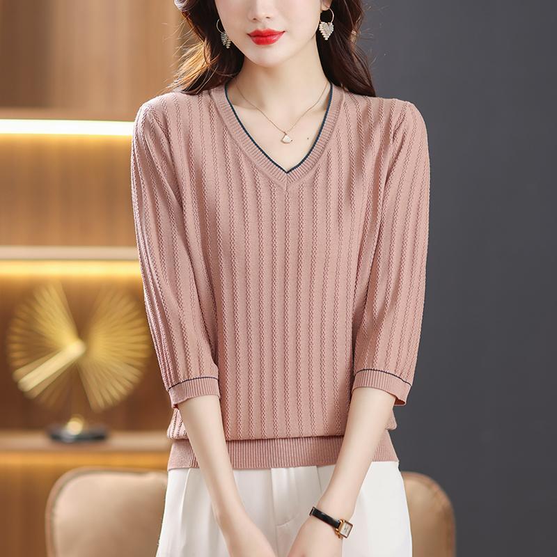 Футболка с v-образным вырезом для мам, женская верхняя рубашка из ледяного шелка с рукавами 3/4, тонкая весенняя модная нижняя рубашка