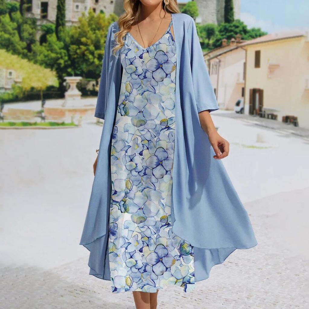 Женское платье из двух частей с принтом, жилет с v-образным вырезом, платье, кардиган, куртка, комплект