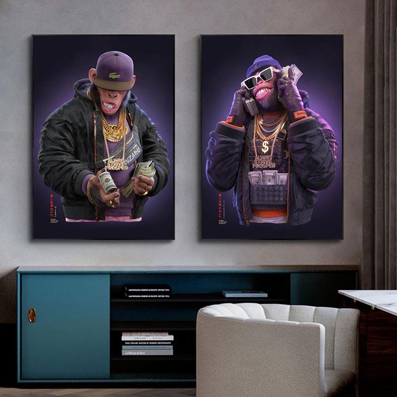 Хип-хоп Три обезьяны печать плакатов деньги холст картина современное настенное искусство животное висит картина украшение дома