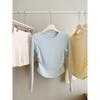 Milk Blue Front Shoulder T-shirt Women's Waist Pinch Pleated Irregular Short Top Spring Bottoming Shirt Long Sleeve Inner