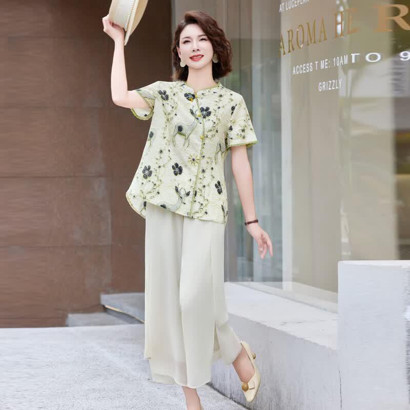 TUCANO Women's New Chinese Style Floral Blouse & Pants Set