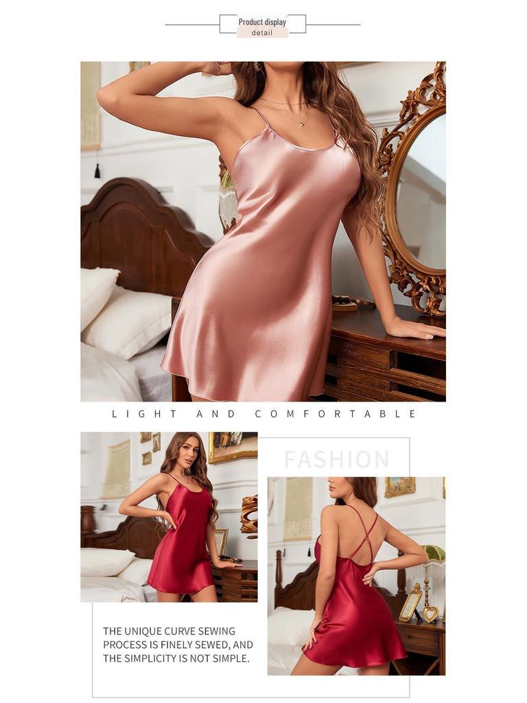 Европейская и американская сексуальная летняя ночная сорочка из ледяного шелка для женщин - Простая, повседневная пижама на бретелях