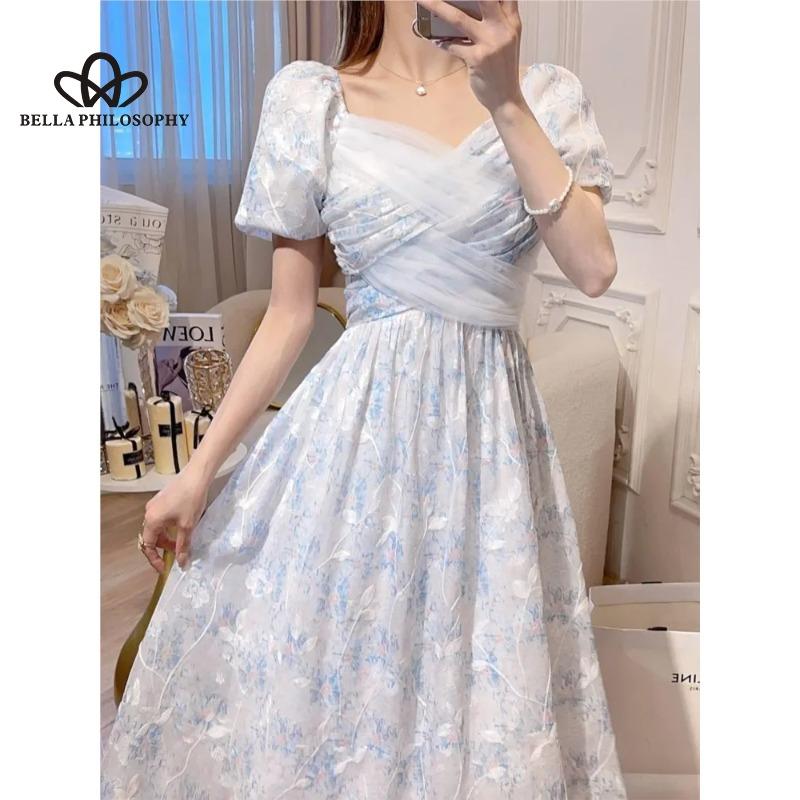 Новое летнее элегантное платье с короткими рукавами во французском стиле в стиле ретро. Элегантное длинное платье с пышными рукавами и принтом высокого класса.