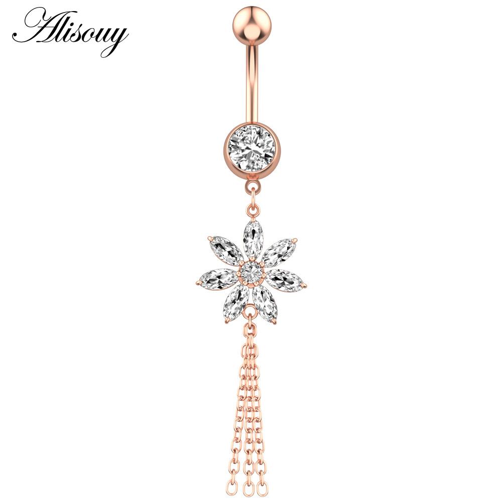 Alisouy 1pc Surgical Steel Crystal Zircon Flower Heart Leaf Bow-knot Dangle Button Navel Piercing Ring Belly Ring Body Jewelry
