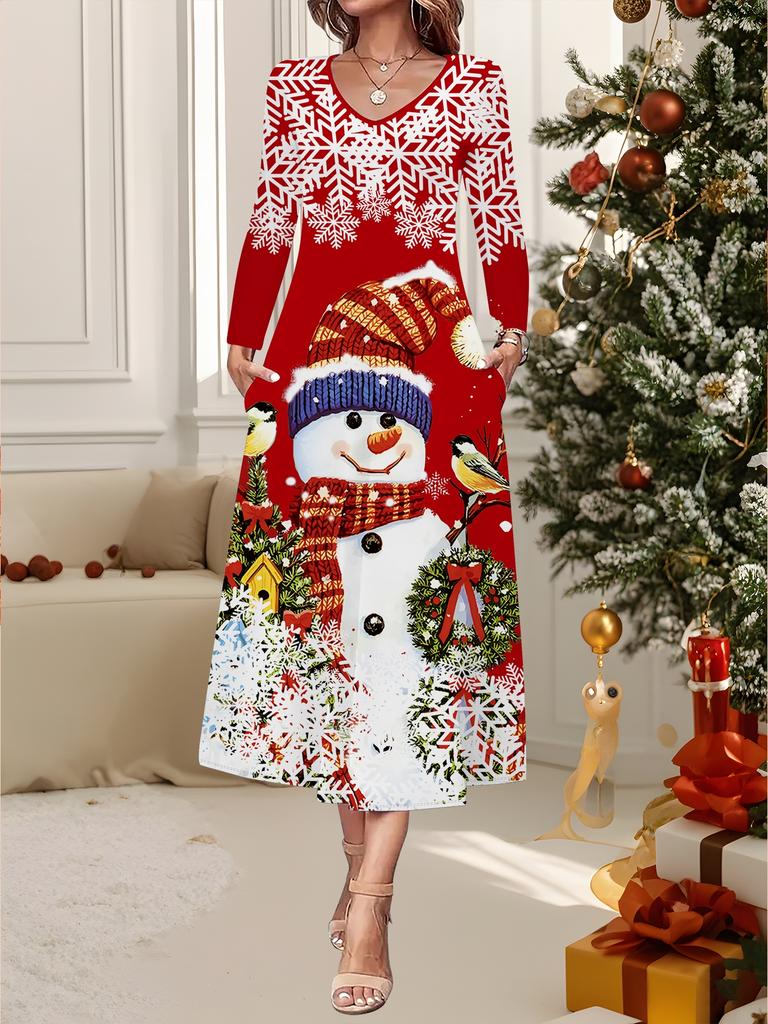 2025 Осень и Зима Новое Женское Повседневное Модное Платье 3D Принт Снеговика Длинный Рукав V-образный Вырез А-силуэт Рождественский Подарок