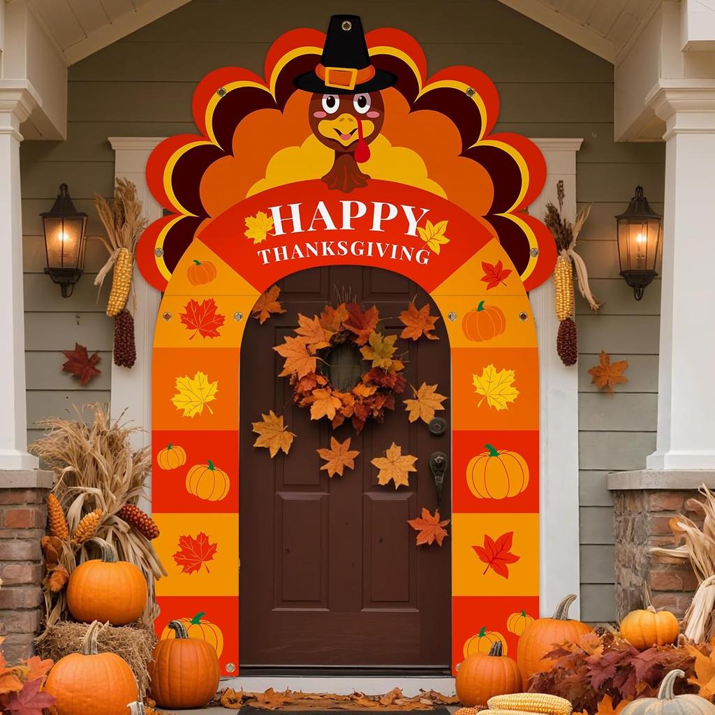Thanksgiving Turkey Party Porch Banner Fall Pumpkin Maple Leaf Turkey Door Banner Arch Thanksgiving Decorations Archway Porch Sign Photo Backdrop