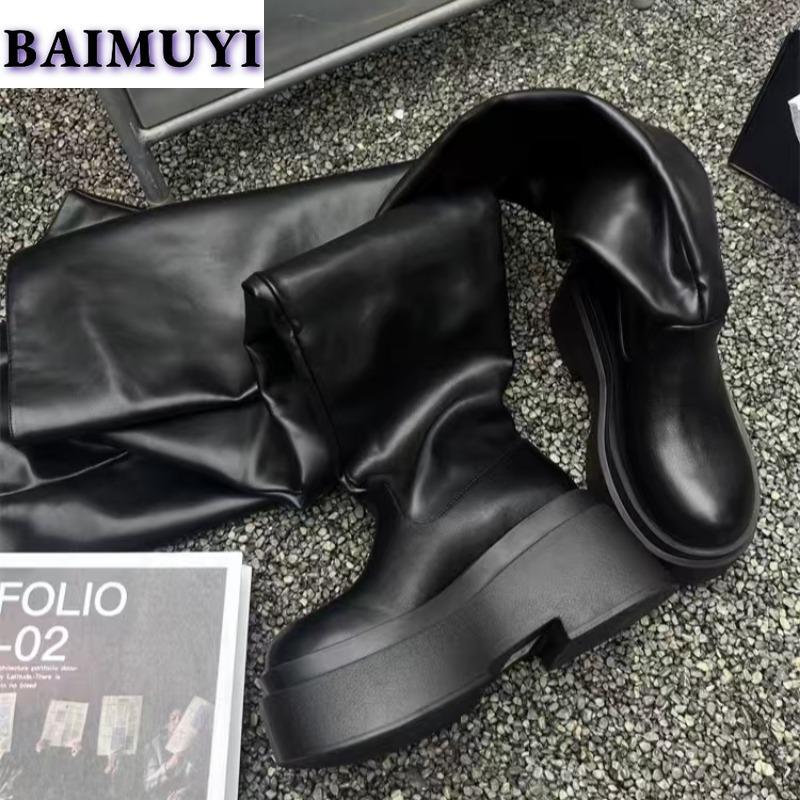 Сапоги на платформе до колена, женские туфли на высоком каблуке в готическом стиле, роскошные туфли-челси 2025 года, дизайнерские плиссированные кожаные зимние ботинки для снега