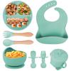 Silicone baby feeding kit, 8 pieces, including suction cup, bowl, bib, spoon, fork, and sippy cup