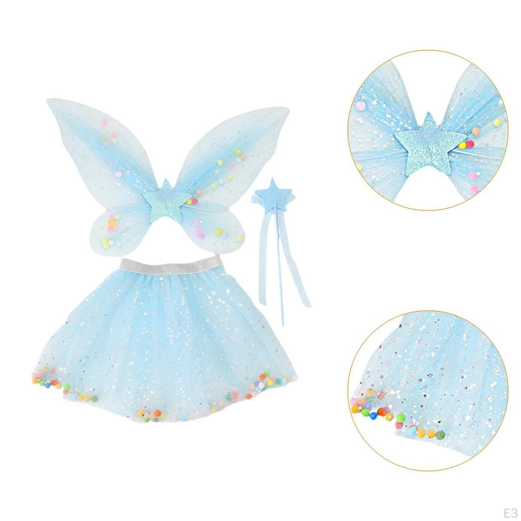 3 Pieces Fairy Wings Tutu Skirt and Stick Set for Girls Holidays Princess Cosplay