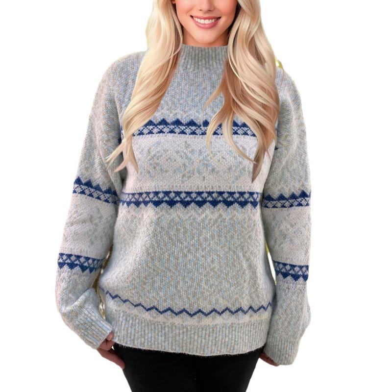 Womens Semi-Turtleneck Knit Sweater 2026 Fall Christmas Snowflake Print Casual Streetwear Pullover