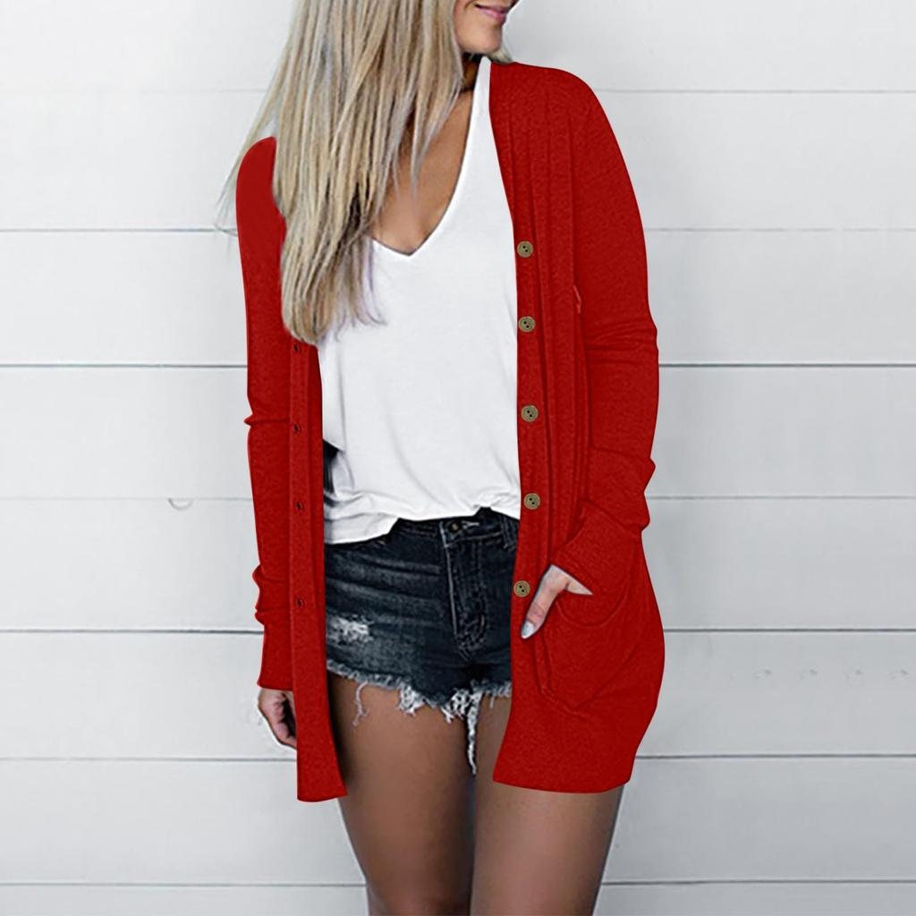 Женская мода Свободный повседневный карманный однотонный кардиган с длинными рукавами на пуговицах Куртка Топы