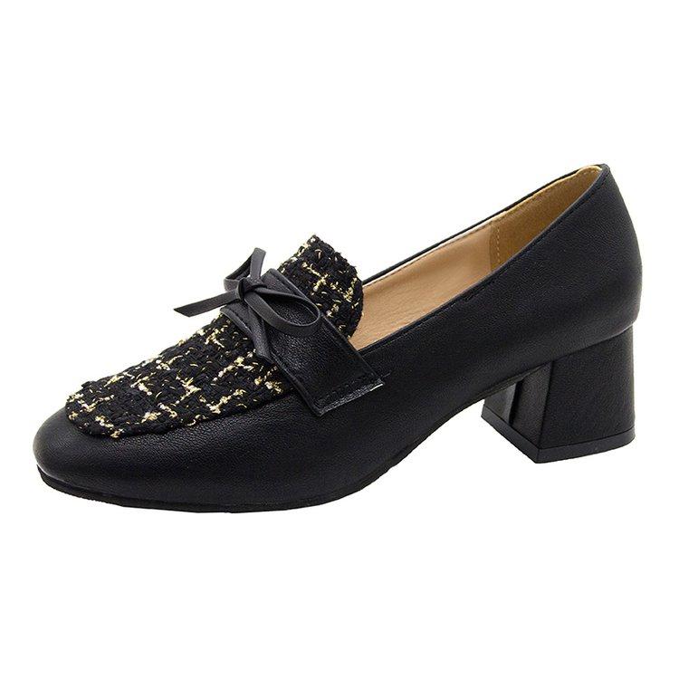 Fashion Lady Heels Fall New Square Toe Deep Mouth Spliced Bow Slip Foot Anti-Slip Wear-Resistant Block Heel Single Shoes