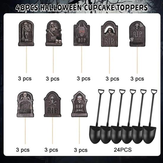 48 шт. Хэллоуин Топперы для кексов Надгробия Кладбище Украшения для торта с мини ложками-лопатками для принадлежностей для вечеринки на Хэллоуин