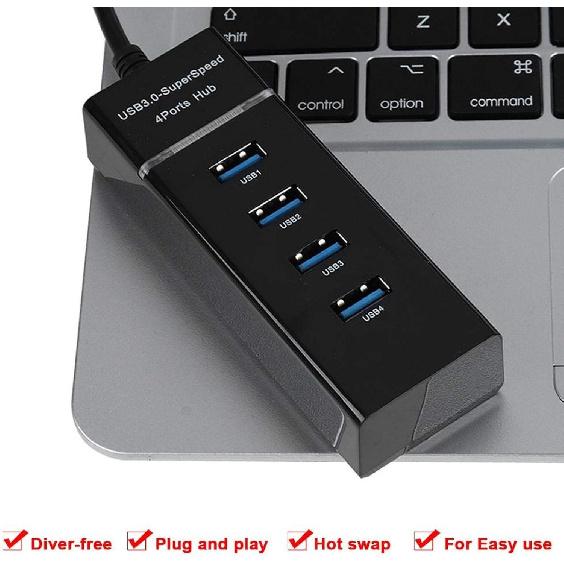 4 Port USB HUB, Charging Hub Adapter USB 3.0 with 3 Foot Extension Cable USB C Charging Port Converter Adapter Charging Dock Station Ultra Thin for