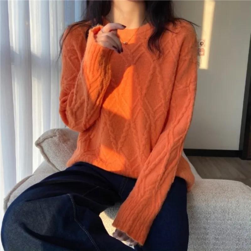 White Knitted Fried Dough Twist Women Sweater Loose Knit Pullover Simple Casual Commute Sweet Long Sleeve Top Bottoming Shirt