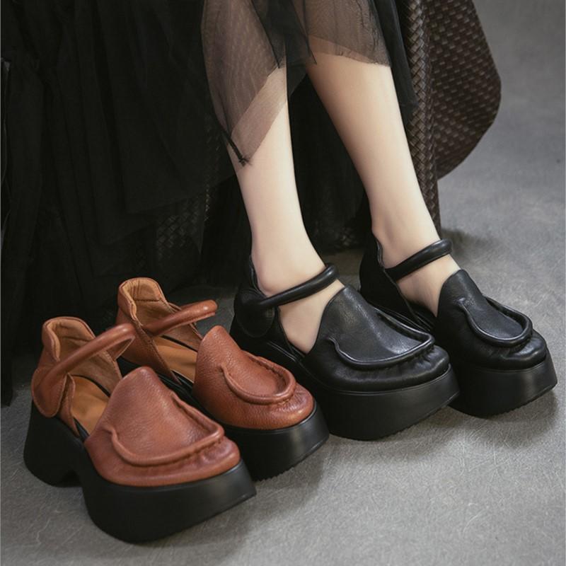 Johnature Сандалии из натуральной кожи на толстой подошве Ретро Круглый носок Толстый каблук Женская платформа