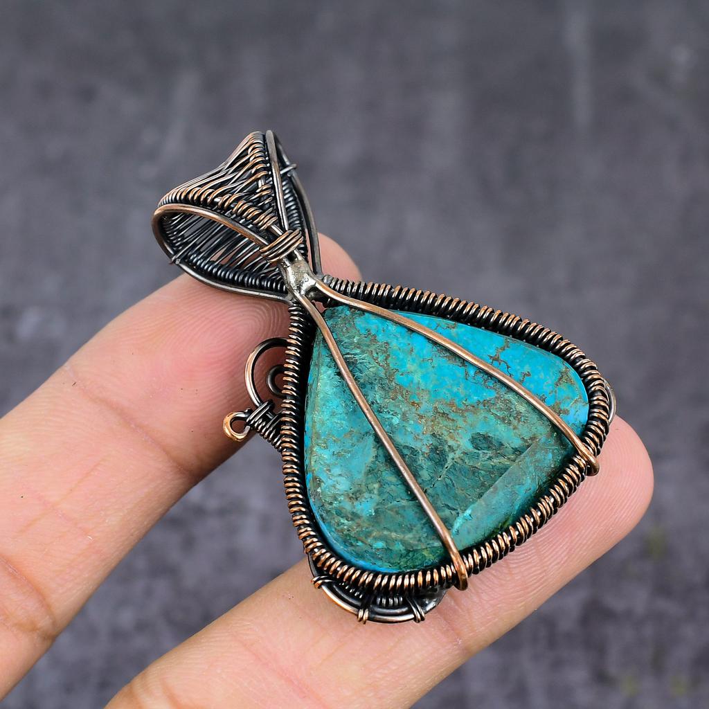 Тибетская бирюза Ручная работа Медная проволока Обернутый Ювелирный кулон 2,09" R8A23