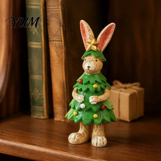 Christmas Tree Bunny Decor Rabbit Figurine, Resin Statue in Outfit with Animal Statues Star Top, Cute Holiday Tabletop for Home Bookshelf Mantel, Xmas
