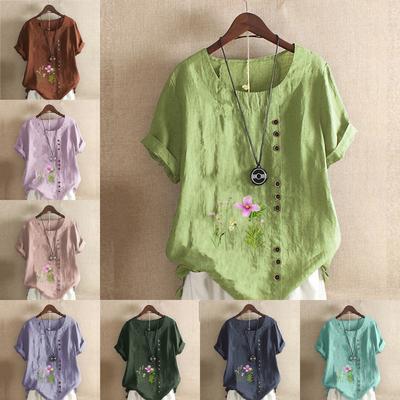 Женская модная футболка с коротким рукавом с цветочным принтом, свободная хлопковая рубашка, повседневная свободная летняя блузка, топы больших размеров