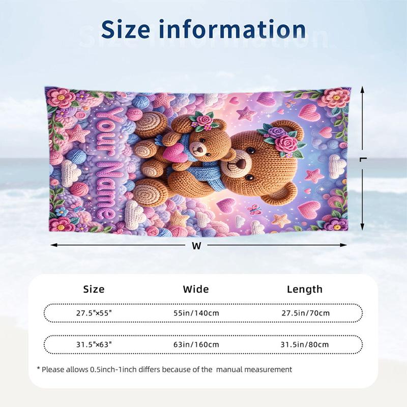 Teddy Bear Theme Beach Towel Personalized Custom Name & Text Soft Quick Dry Beach Towel for Swimming Travel