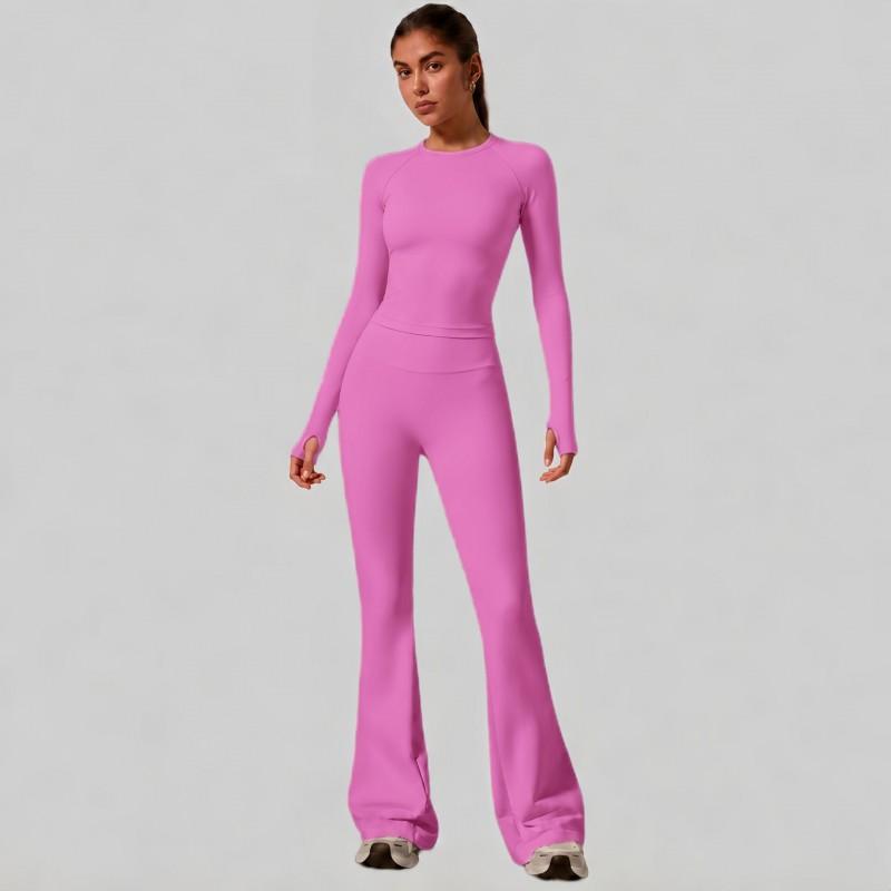 Womens High-Waisted Yoga Set With Butt-Lifting Effect 3-Section Waist Design Long Sleeve Top Flared Leggings 90% Nylon 10%