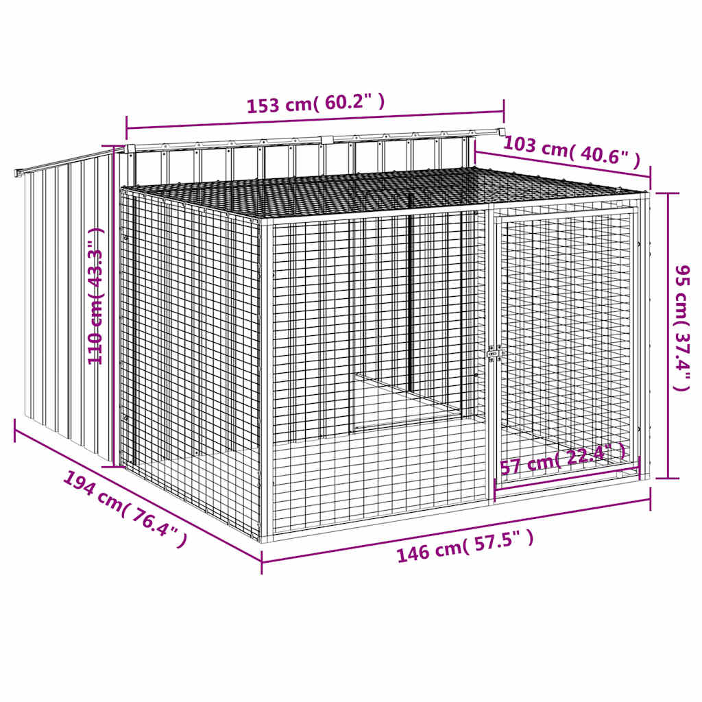 Dog House with Run Anthracite 153 x 194 x 110 cm Galvanized Steel