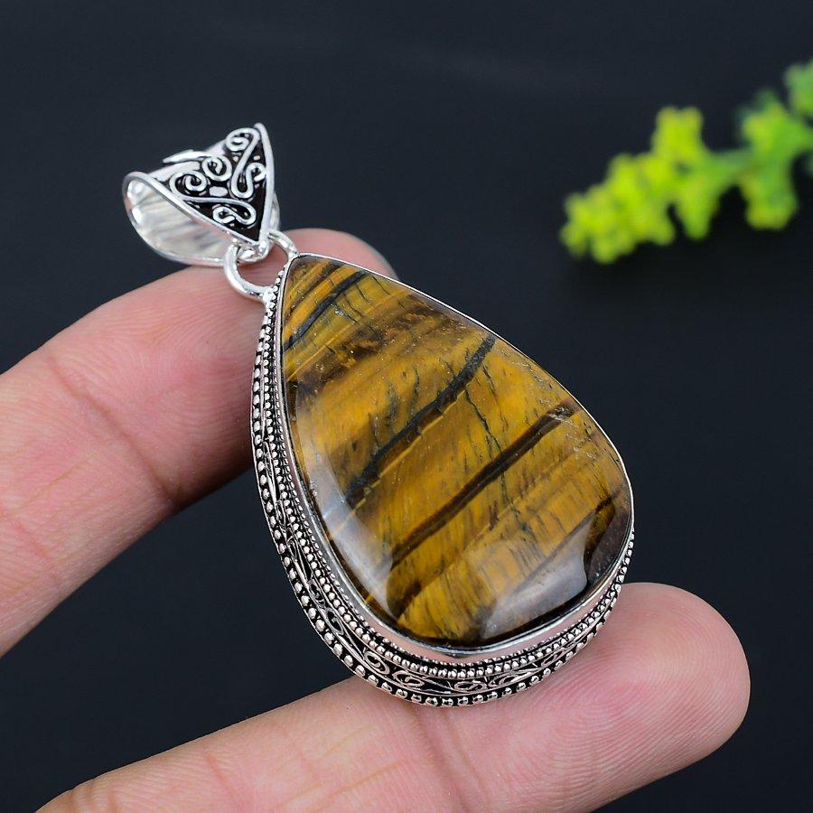Tiger Eye Gemstone Handmade 925 Sterling Silver Gift Jewelry Pendant 2.36" P0w96