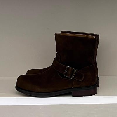 Модные женские ретро ковбойские сапоги с пряжкой 2025 Осень Новые плоские ботильоны Круглый носок Широкое голенище Рыцарские сапоги Zapatos Mujer