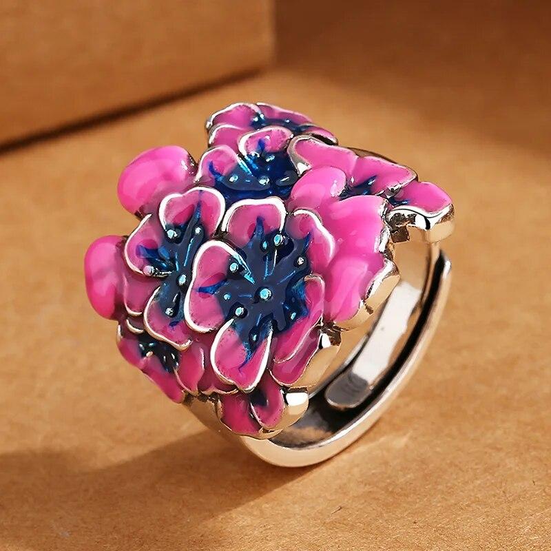 Винтажное эмалированное кольцо в этническом стиле с синим пионом и цветком, регулируемое кольцо для женщин, модное цветочное роскошное ювелирное изделие для вечеринки и отдыха, подарки